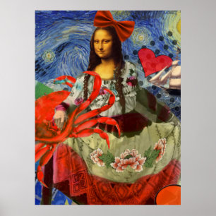 Mona Lisa Starry Night Collage: Whimsical Surreal Poster