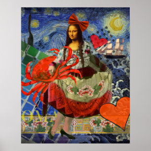 Mona Lisa Starry Night Collage: Whimsical Surreal Poster