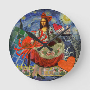 Mona Lisa Starry Night Collage: Whimsical Surreal Round Clock