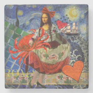 Mona Lisa Starry Night Collage: Whimsical Surreal Stone Coaster