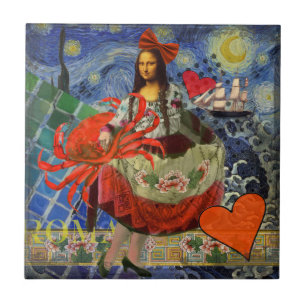 Mona Lisa Starry Night Collage: Whimsical Surreal Tile