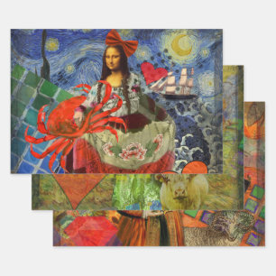 Mona Lisa Starry Night Collage: Whimsical Surreal Wrapping Paper Sheets