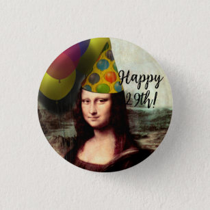 Mona Lisa Wearing Party Hat Button