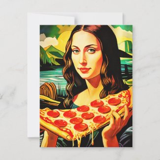 Mona Lisa  with  a large  slice of pizza
