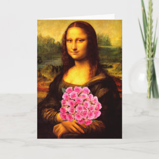 Mona Lisa With Bouquet Of Pink Roses Card