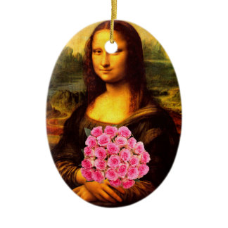 Mona Lisa With Bouquet Of Pink Roses Ceramic Ornament