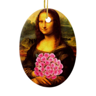 Mona Lisa With Bouquet Of Pink Roses Ceramic Ornament