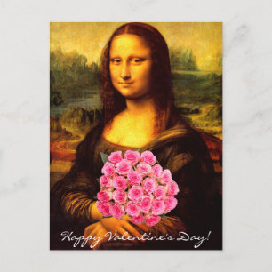 Mona Lisa With Bouquet Of Pink Roses Holiday Postcard