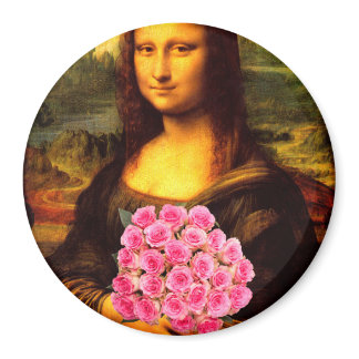 Mona Lisa With Bouquet Of Pink Roses Magnet