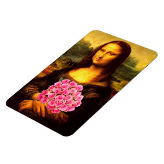 Mona Lisa With Bouquet Of Pink Roses Magnet