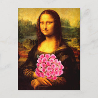 Mona Lisa With Bouquet Of Pink Roses Postcard