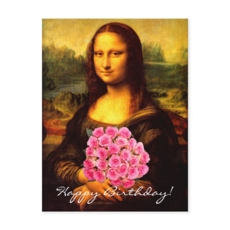 Mona Lisa With Bouquet Of Pink Roses Postcard