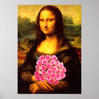 Mona Lisa With Bouquet Of Pink Roses Poster