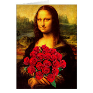 Mona Lisa With Bouquet Of Red Roses Cards