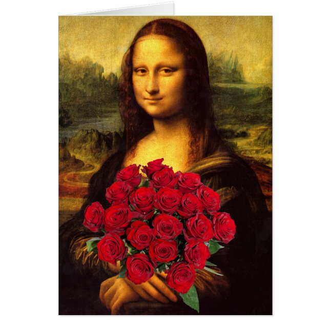 Mona Lisa With Bouquet Of Red Roses Cards (Front)