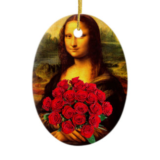 Mona Lisa With Bouquet Of Red Roses Ceramic Ornament