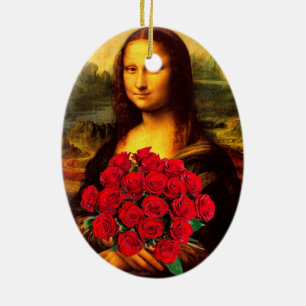 Mona Lisa With Bouquet Of Red Roses Ceramic Ornament