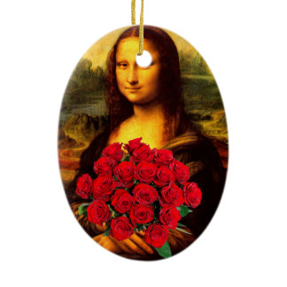 Mona Lisa With Bouquet Of Red Roses Ceramic Ornament