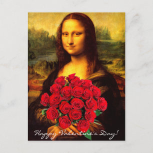 Mona Lisa With Bouquet Of Red Roses Holiday Postcard