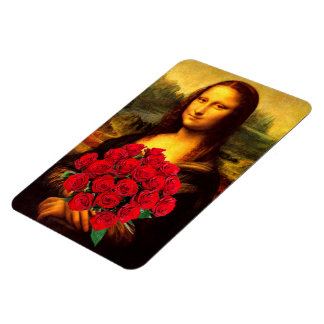 Mona Lisa With Bouquet Of Red Roses Magnet