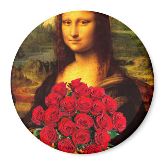 Mona Lisa With Bouquet Of Red Roses Magnet