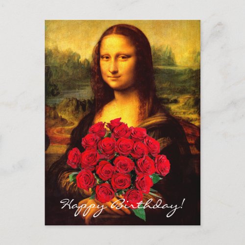 Mona Lisa With Bouquet Of Red Roses Postcard