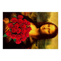Mona Lisa With Bouquet Of Red Roses