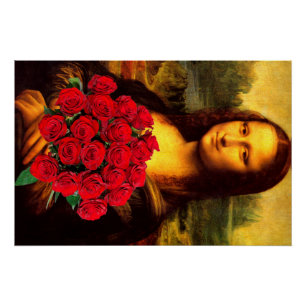 Mona Lisa With Bouquet Of Red Roses Poster