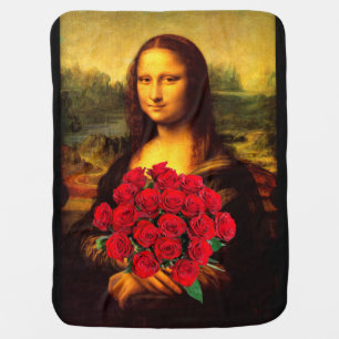 Mona Lisa With Bouquet Of Red Roses Receiving Blanket