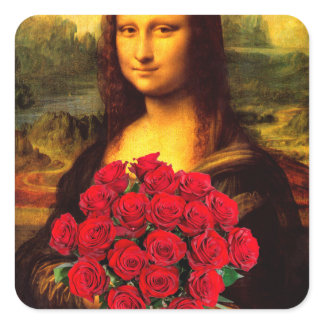Mona Lisa With Bouquet Of Red Roses Square Sticker