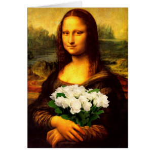 Mona Lisa With Bouquet Of White Roses Cards