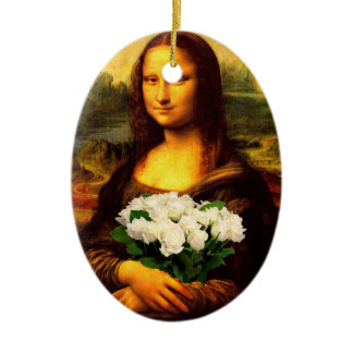 Mona Lisa With Bouquet Of White Roses Ceramic Ornament