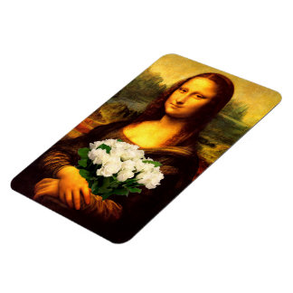 Mona Lisa With Bouquet Of White Roses Magnet