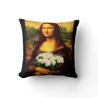 Mona Lisa With Bouquet Of White Roses Throw Pillow