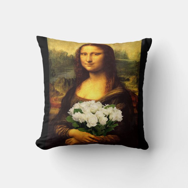 Mona Lisa With Bouquet Of White Roses Throw Pillow (Front)