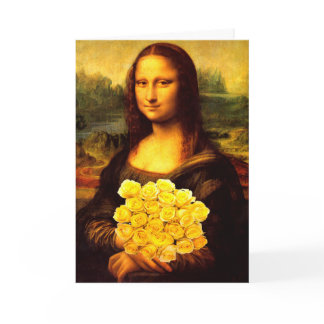 Mona Lisa With Bouquet Of Yellow Roses Card