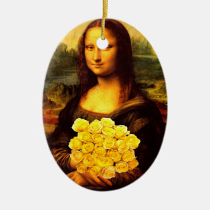 Mona Lisa With Bouquet Of Yellow Roses Ceramic Ornament
