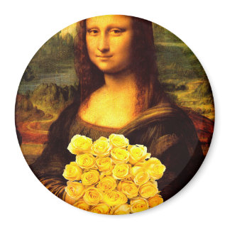Mona Lisa With Bouquet Of Yellow Roses Magnet