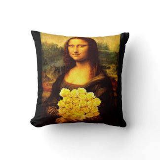 Mona Lisa With Bouquet Of Yellow Roses Throw Pillow