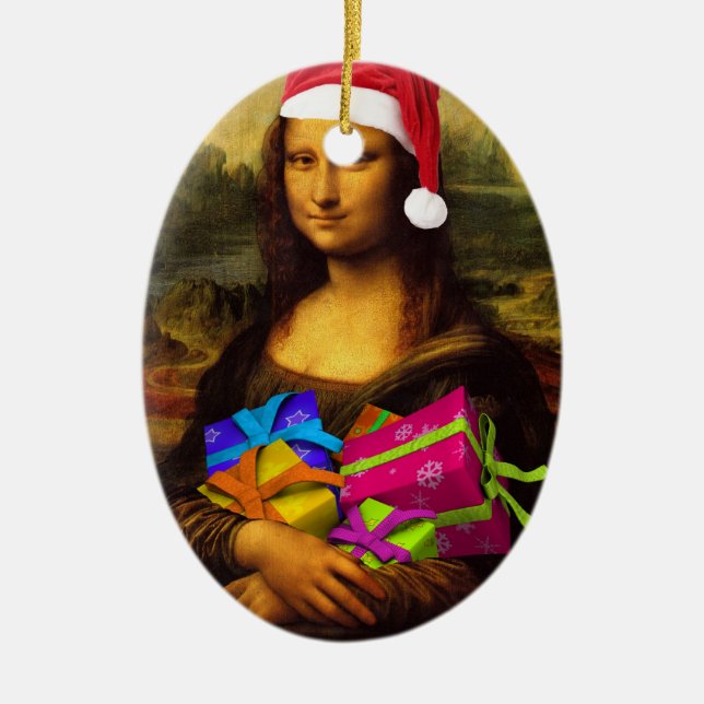 Mona Lisa With Christmas Packages Ceramic Ornament (Front)