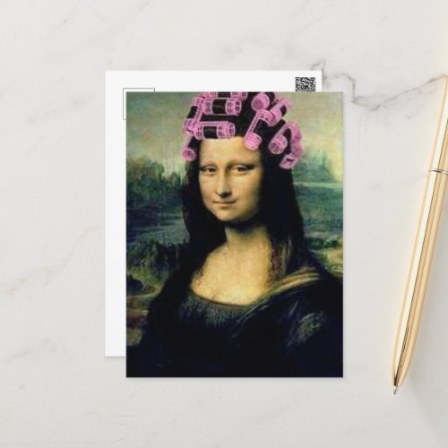 Mona Lisa with pink hair rollers Leonardo da Vinci Postcard