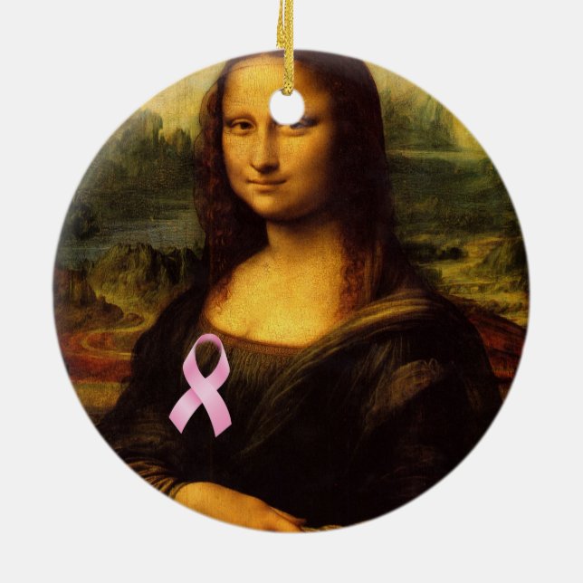 Mona Lisa With Pink Ribbon Ceramic Ornament (Back)