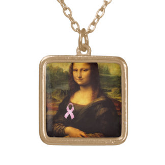 Mona Lisa With Pink Ribbon Gold Plated Necklace