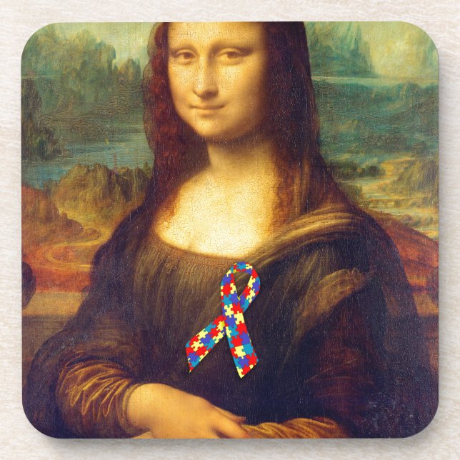 Mona Lisa With Puzzle Ribbon Drink Coaster (Front)