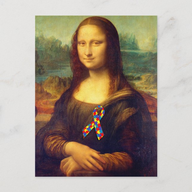 Mona Lisa With Puzzle Ribbon Postcard (Front)