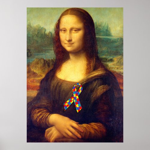 Mona Lisa With Puzzle Ribbon Poster