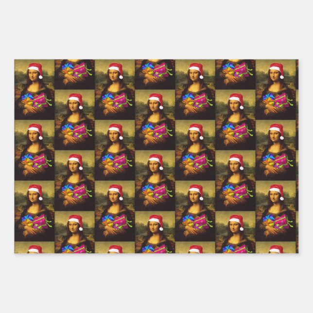 Mona Lisa With Santa Claus Cap Wrapping Paper Sheets (Front)
