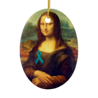 Mona Lisa With Teal Ribbon Ceramic Ornament