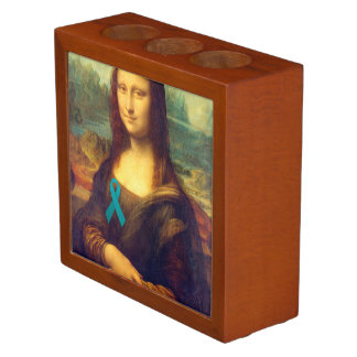 Mona Lisa With Teal Ribbon Pencil/Pen Holder