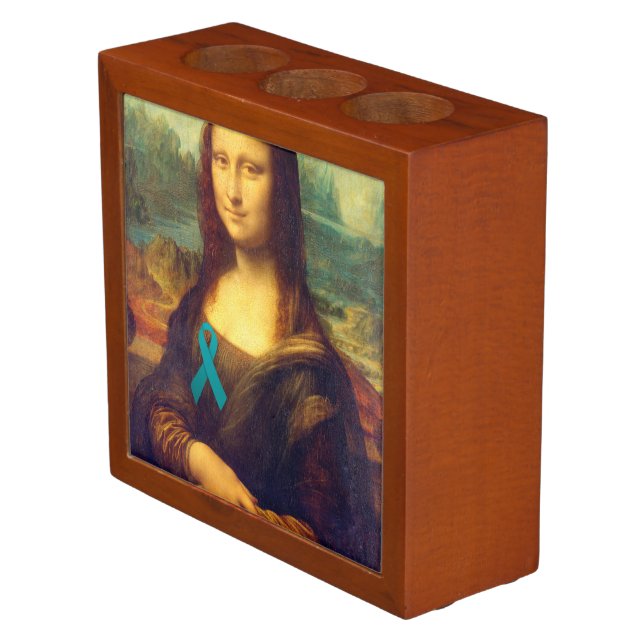 Mona Lisa With Teal Ribbon Pencil/Pen Holder (Angled)
